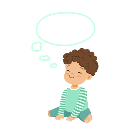 Adorable little boy dreaming with a thought bubble, kids imagination and fantasy, colorful character vector Illustrationのイラスト素材