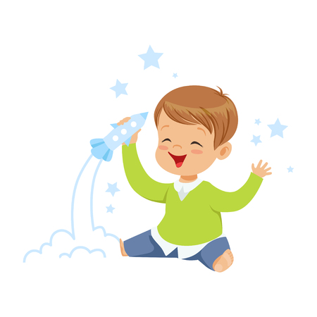 Cute little boy playing with rocket toy, kids imagination and fantasy, colorful character vector Illustrationのイラスト素材