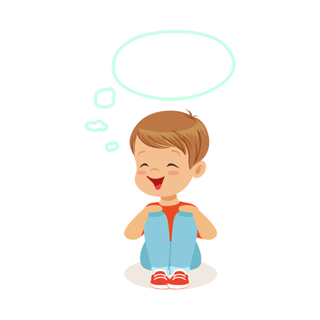 Adorable little boy dreaming with a thought bubble sitting on the floor, kids imagination and fantasy, colorful character vector Illustrationのイラスト素材