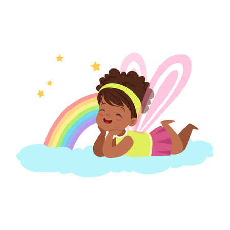Cute little girl with wings lying on her stomach on a cloud next to the rainbow and dreaming, kids imagination and fantasy, colorful character vector Illustrationのイラスト素材