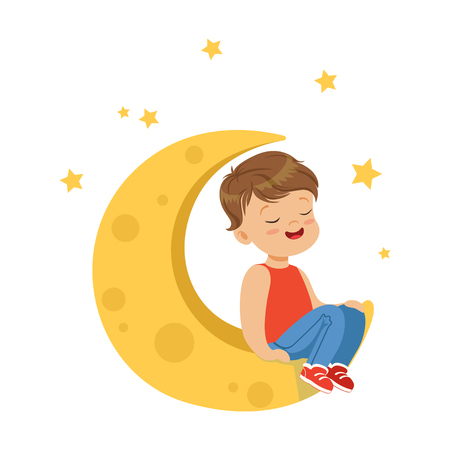 Sweet little boy with closed eyes sitting on the moon, kids imagination and fantasy, colorful character vector Illustrationのイラスト素材