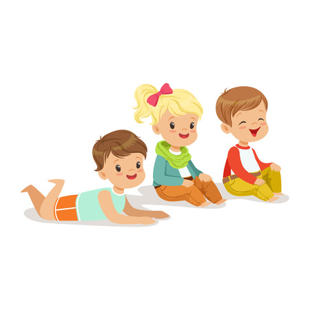 Sweet little kids sitting and lying on the floor, colorful characterのイラスト素材