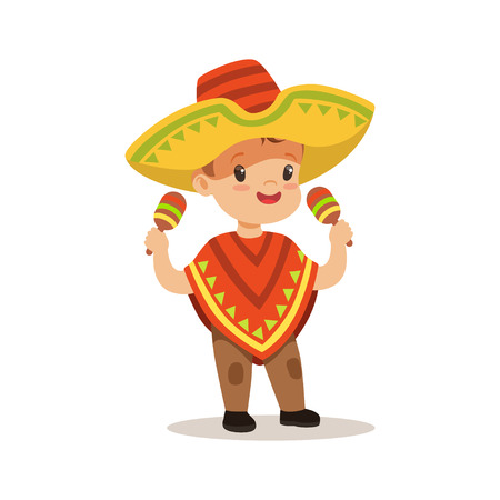 Cute boy wearing poncho and sombrero, national costume of Mexico colorful character vector Illustrationのイラスト素材