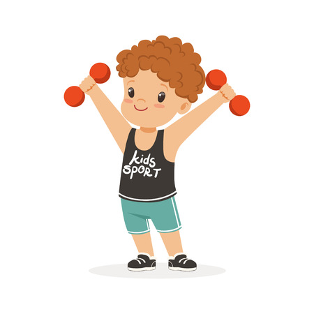 Curly boy exercising with dumbbells, kid doing sports colorful character vector Illustrationのイラスト素材