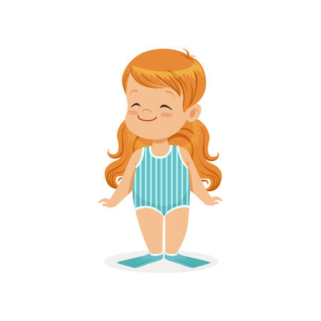 Redhead little girl wearing blue swimsuit and flippers, kids summer vacation colorful character vector Illustrationのイラスト素材
