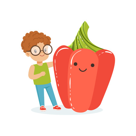 Happy boy having fun with fresh smiling sweet red pepper vegetable, healthy food for kids colorful characters vector Illustrationのイラスト素材