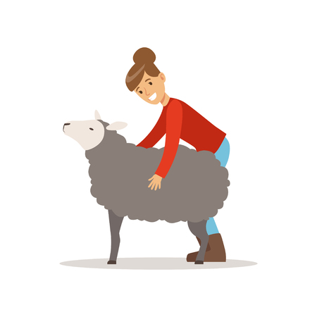 Farmer woman caring for her sheep, farming and agriculture vector Illustrationのイラスト素材