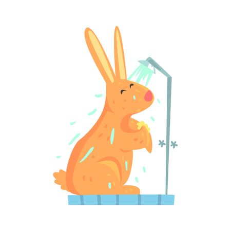 Cute cartoon bunny rubbing himself a foam sponge bath while standing in shower cabin colorful character, animal grooming vector Illustrationのイラスト素材