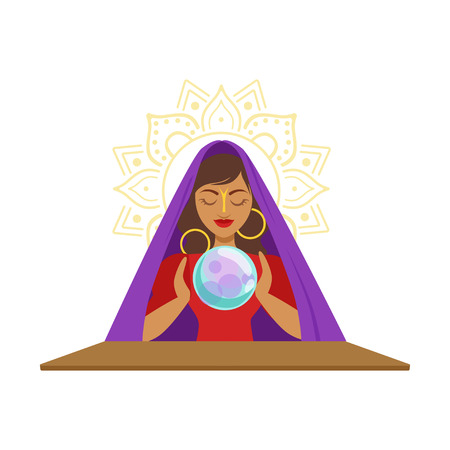 Fortune teller watching crystal ball, occult ritual vector Illustrationのイラスト素材
