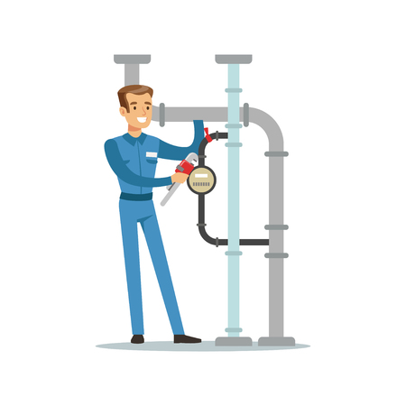 Proffesional plumber man character installing a water meter on a pipeline, plumbing work vector Illustrationのイラスト素材