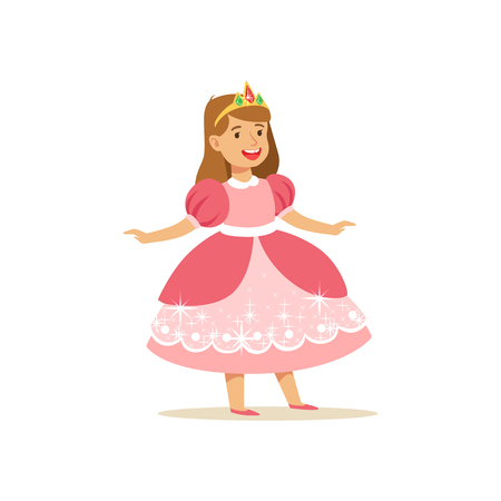 Beautifull little girl princess in pink ball dress and golden tiara, fairytale costume for party or holiday vector Illustrationのイラスト素材