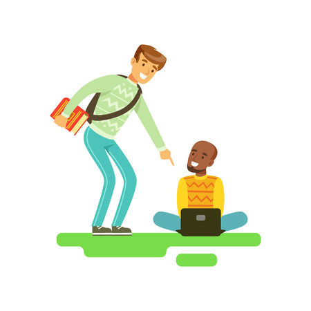 Two young smiling male students speaking, friends communicating vector Illustrationのイラスト素材