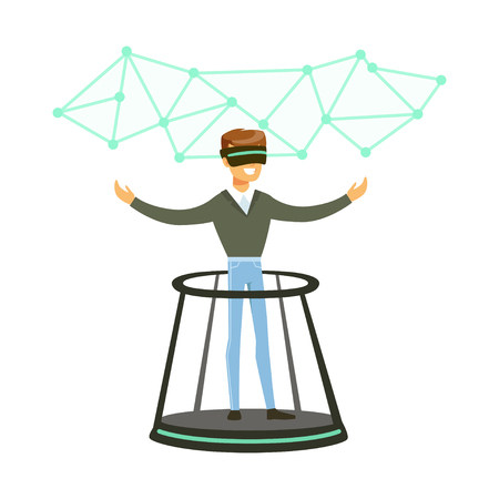 Businessman wearing VR headset working on a project in augmented reality, future technology concept vector Illustrationのイラスト素材