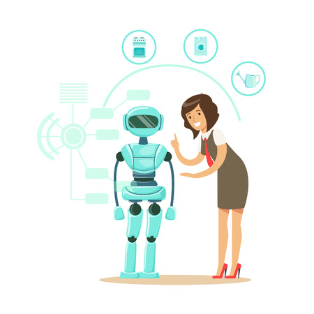Businessman giving directions to humanoid robot housewife, future technology concept vector Illustrationのイラスト素材