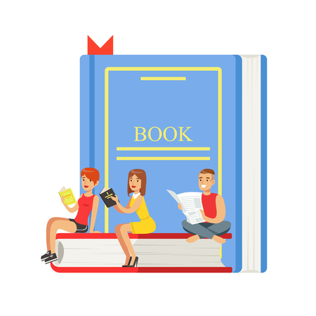 Micro young women and man sitting on a giant book, people enjoy reading vector Illustrationのイラスト素材