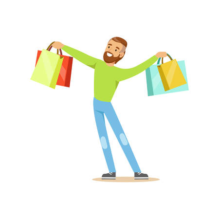 Elegant young handsome man standing with shopping bags colorful character vector Illustrationのイラスト素材