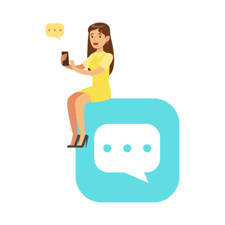 Young woman sitting on a big mobile app symbol and using her smartphone colorful character vector Illustrationのイラスト素材