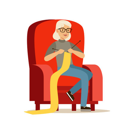 Beautiful senior woman sitting in the armchair and knitting vector Illustrationのイラスト素材