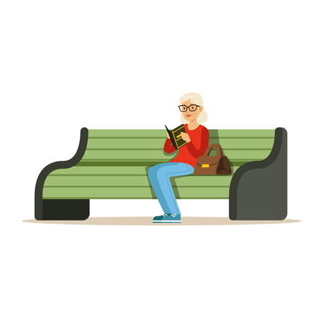 Beautiful senior woman sitting on a wooden bench and reading book colorful character vector Illustrationのイラスト素材