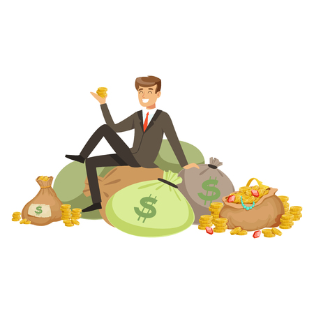 Happy rich successful businessman character sitting on a pile of money bags and precious stones vector Illustrationのイラスト素材