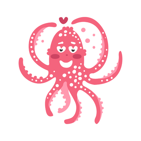 Cute cartoon pink enamored octopus character, funny ocean coral reef animal vector Illustrationのイラスト素材