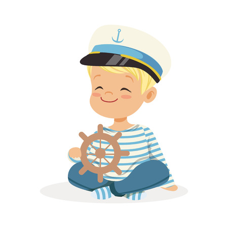 Cute smiling little boy character wearing a sailors costume sitting on the floor playing toy wooden ship wheel colorful vector Illustrationのイラスト素材