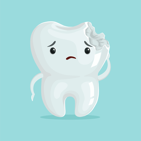 Cute sad cavity cartoon tooth character, childrens dentistry, dental care concept vector Illustrationのイラスト素材