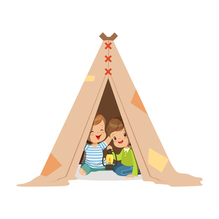 Cute little boys sitting in a tepee tent with a burning lamp, kids having fun in a hut vector Illustrationのイラスト素材