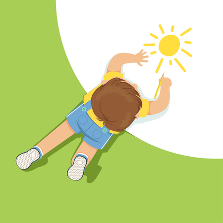 Little boy lying on floor and drawing sun using pencil, top view of child on the floor vector Illustrationのイラスト素材