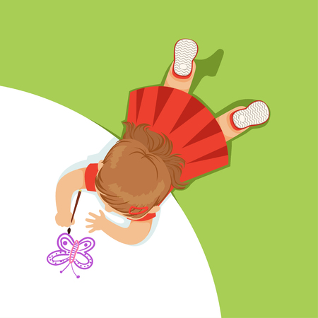 Little girl lying on her stomach and painting a purple butterfly, top view of child on the floor vector Illustrationのイラスト素材