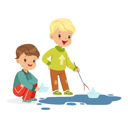 Cute little boys playing with paper boats in a water puddle cartoon vector Illustration on a white backgroundのイラスト素材