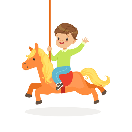 Cute little boy riding on the carousel horse, kid have a fun in amusement park cartoon vector Illustrationのイラスト素材