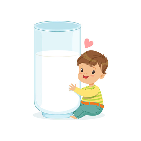 Cute little boy hugging giant milk glass, healthy childrens food cartoon character vector Illustrationのイラスト素材