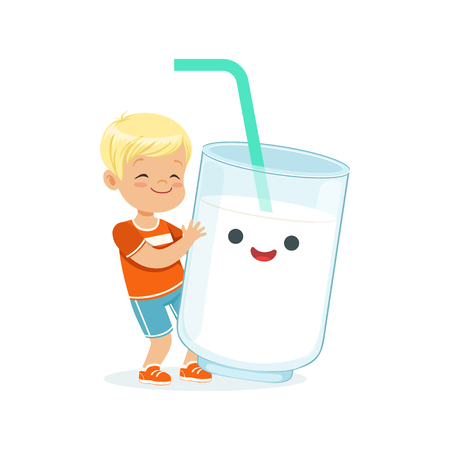 Cute blonde little boy and funny milk glass with smiling human face playing and having fun, healthy childrens food cartoon characters vector Illustrationのイラスト素材