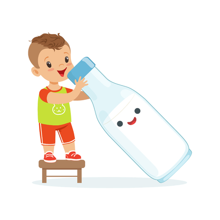 Cute little boy and funny milk bottle with smiling human face playing and having fun, healthy childrens food cartoon characters vector Illustrationのイラスト素材