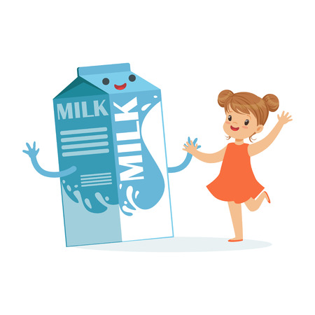 Cute happy little girl and funny milk carton box with smiling human face playing and having fun, healthy childrens food cartoon characters vector Illustrationのイラスト素材