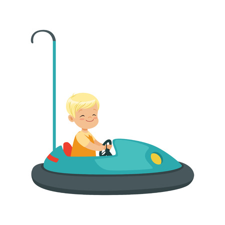 Cute little boy riding bumper car, kid have a fun in amusement park cartoon vector Illustrationのイラスト素材