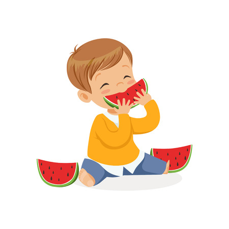 Cute little boy character enjoying eating watermelon cartoon vector Illustrationのイラスト素材