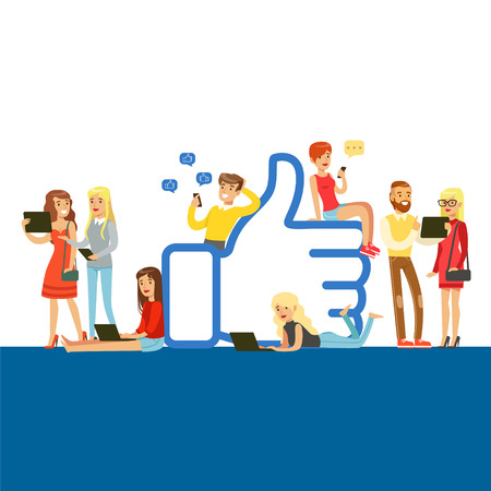 Young people standing and sitting near giant Like symbol, man and woman using mobile gadgets for social networking or bloggingのイラスト素材