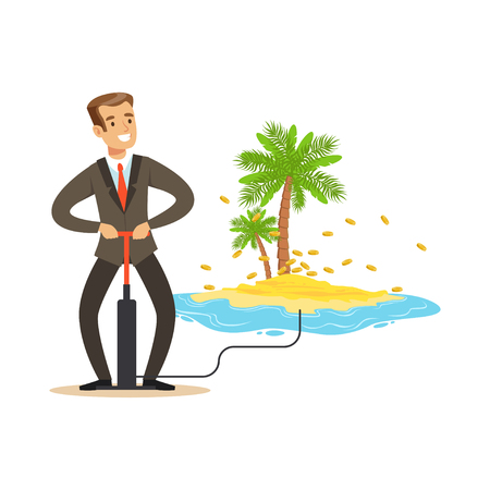 Man in a business suit pumping the money to offshore tropical island, hidden in offshore wealth resources vector Illustrationのイラスト素材