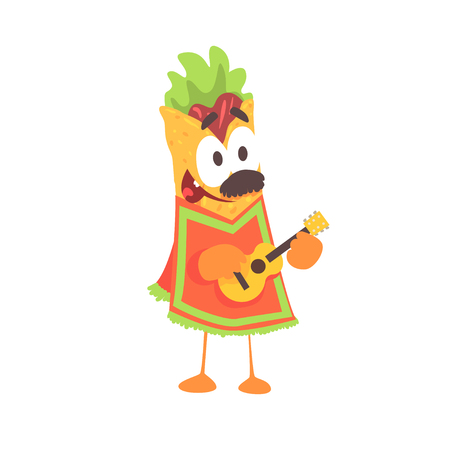 Funny cartoon fajita wrap character, mexican traditional humanized food in traditional clothes playing guitar vector Illustration on a white backgroundのイラスト素材