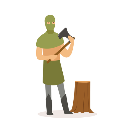 Executioner standing with axe, European medieval character in traditional costume colorful vector Illustration on a white backgroundのイラスト素材