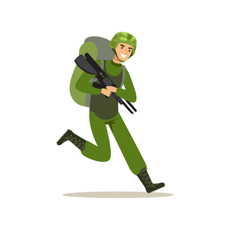 Infantry troops soldier character in camouflage combat uniform and backpack running with weapon vector Illustrationのイラスト素材
