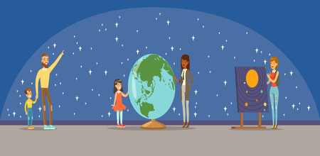 People learning about the stars, planets and the solar system at the planetariumのイラスト素材
