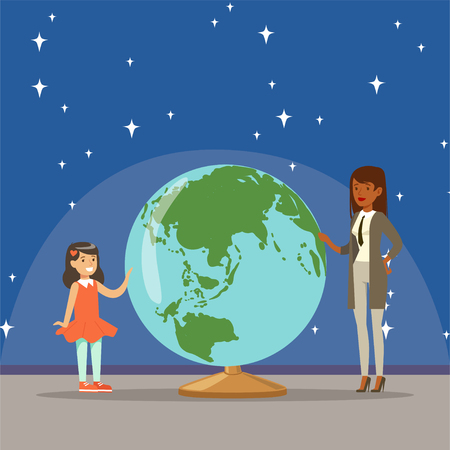 Mother and daughter at the planetarium icon.のイラスト素材