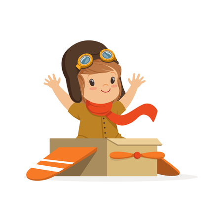 Cute little boy in pilot costume playing, kid dreaming of piloting the plane vector Illustrationのイラスト素材
