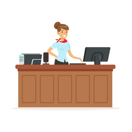 Friendly young woman behind the reception of a hotel, reception service vector Illustrationのイラスト素材
