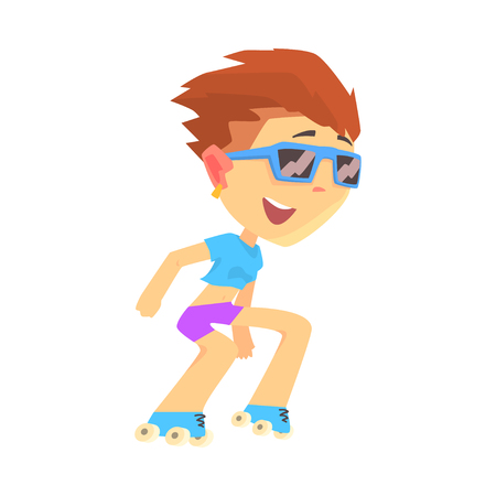 Happy boy rollerblading, active lifestyle cartoon vector Illustration on a white backgroundのイラスト素材