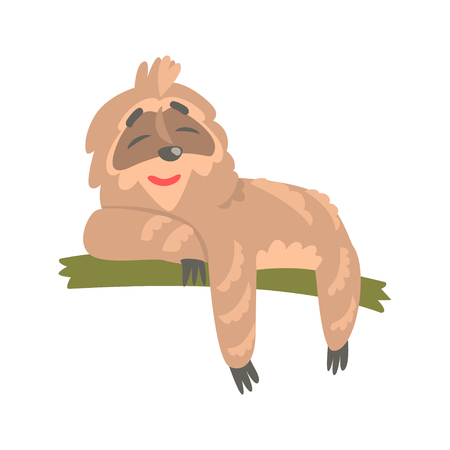Cute cartoon sloth character lying on the tree, funny tropical animal vector Illustrationのイラスト素材