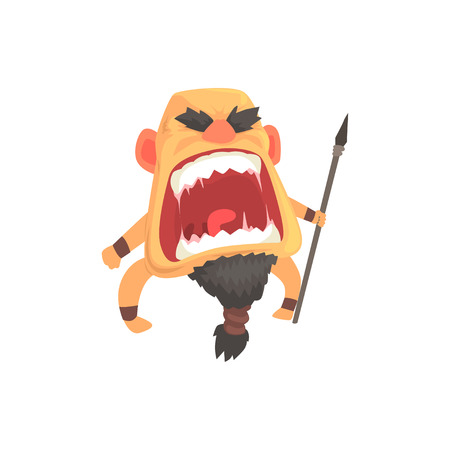 Screaming warrior attacking with spear, furious man with emotional face cartoon character vector illustrationのイラスト素材